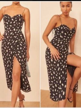 Reformation Black Midi Slip Dress with Cream Spot Print